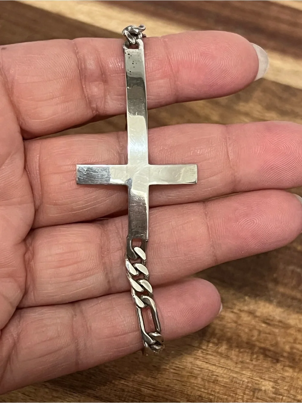 Vintage Sterling Silver Large Sideways Cross Bracelet Italian Figaro Link Chain